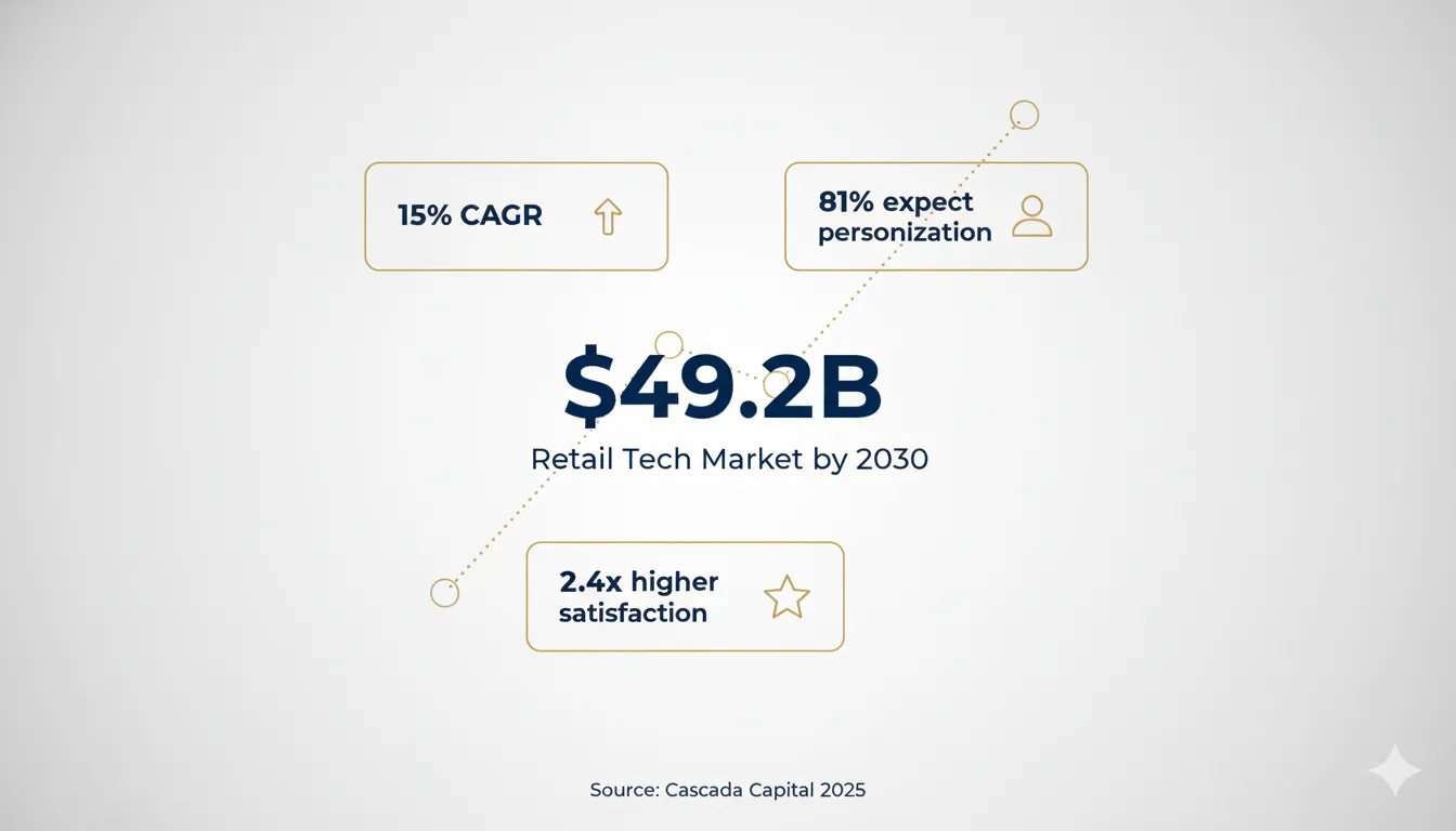 Infographic showing retail tech market growth to $49.2B by 2030, with key statistics: 15% CAGR, 81% expect personalization, 2.4x higher satisfaction