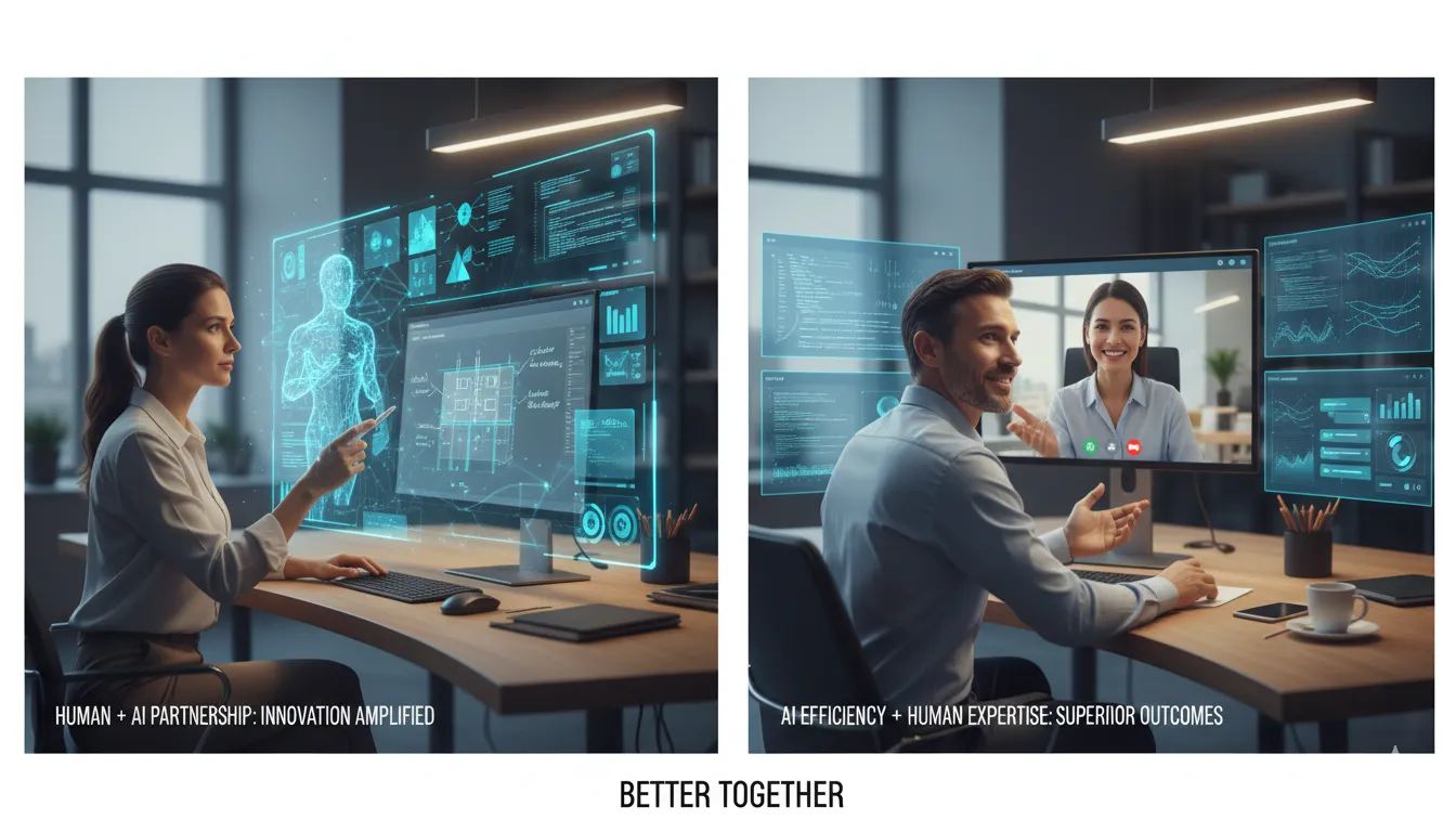 AI and human collaboration in the workplace - professionals working with AI technology showing the partnership between human expertise and artificial intelligence