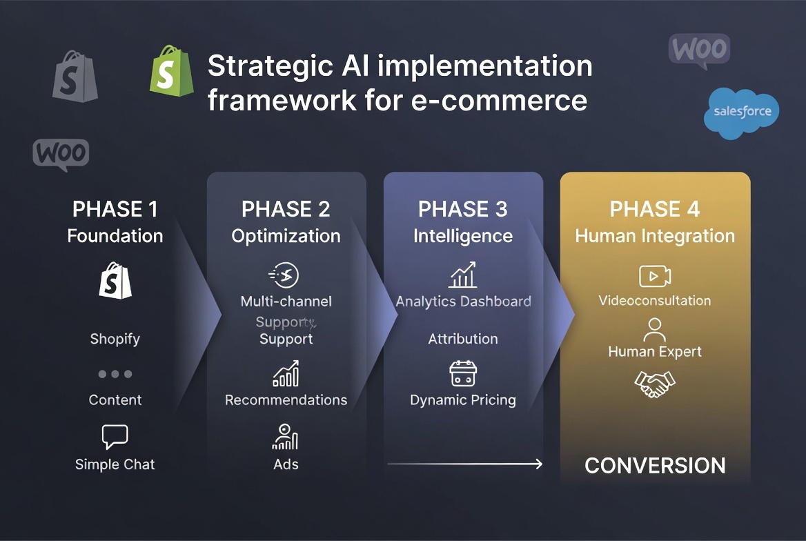 AI tools for Shopify strategic framework showing content generation, customer support, marketing automation, and live commerce integration