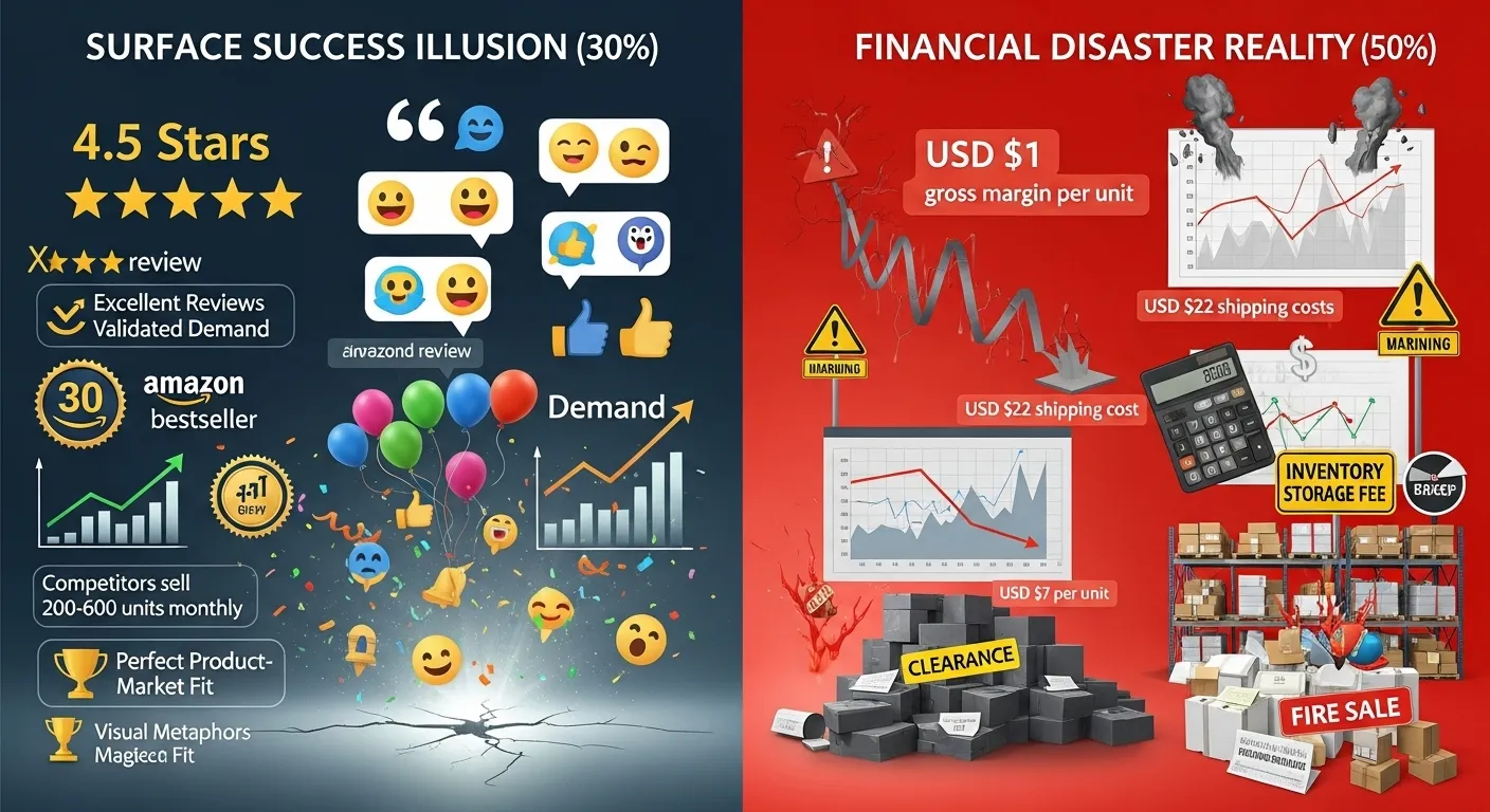 Amazon FBA failure case study showing how good reviews don't guarantee profitability without proper margin architecture in ecommerce