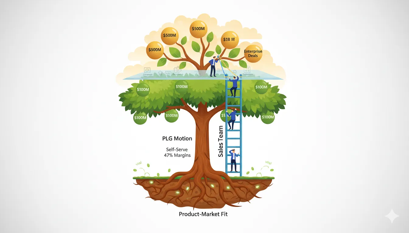 Visual metaphor showing Atlassian's product-led growth evolution with PLG motion as the foundation and sales team enabling enterprise deals