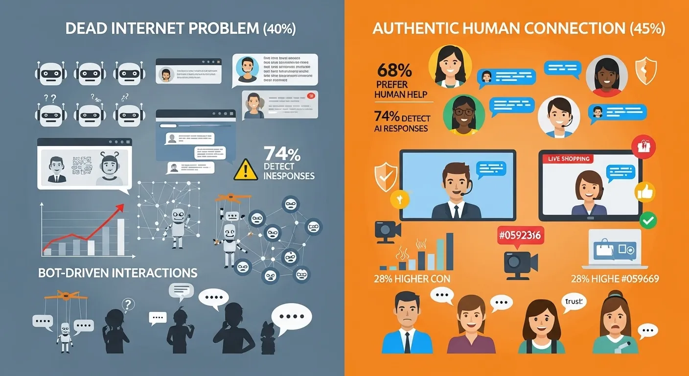 Dead internet theory impact on ecommerce authenticity showing human vs AI interactions in online shopping