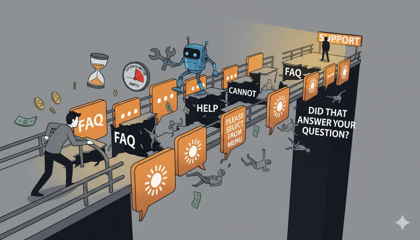 Frustrated customer navigating an endless AI customer service maze with FAQ loops and barriers to human support