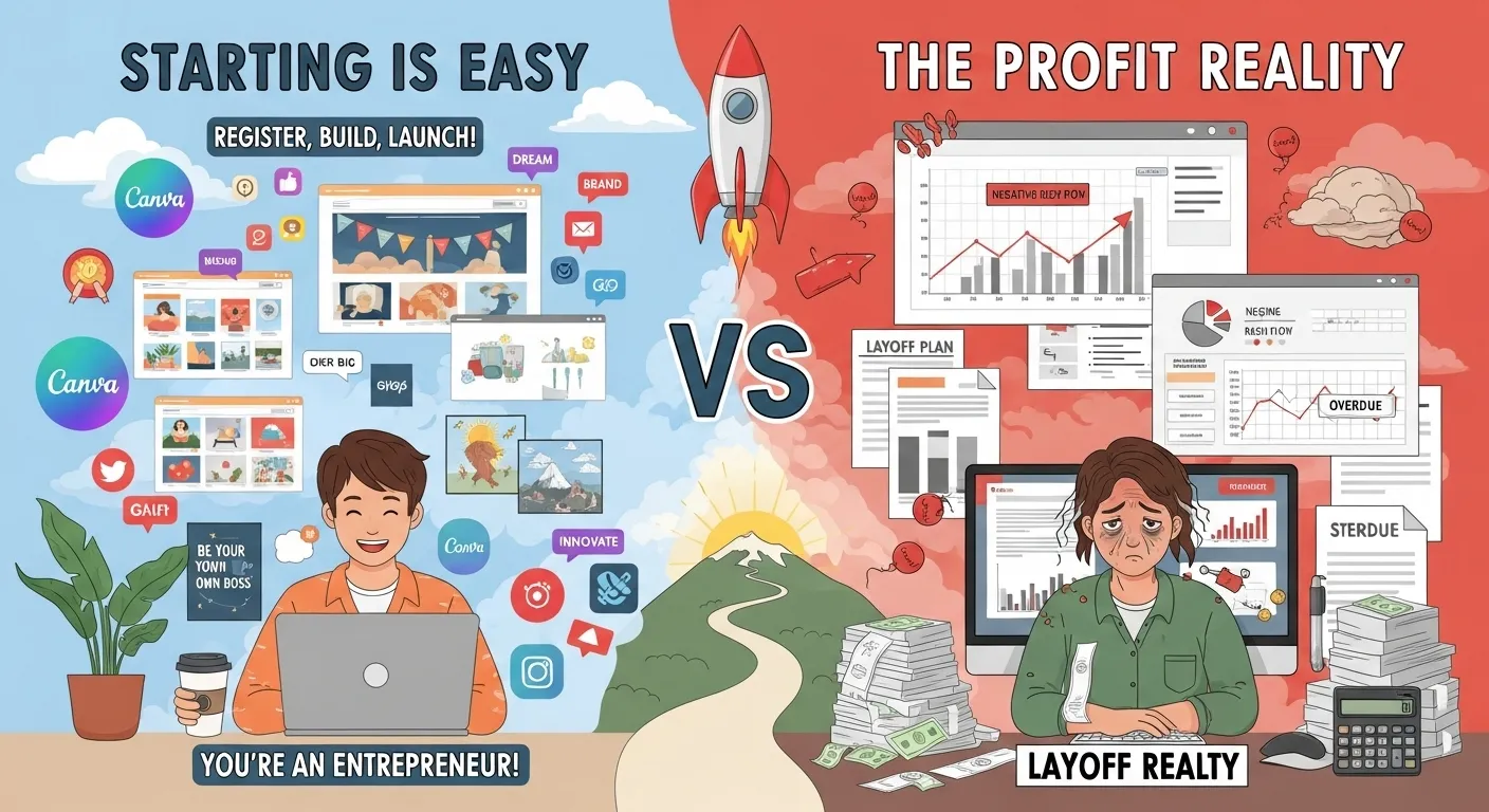 Entrepreneurship reality showing the gap between starting a business and making profit