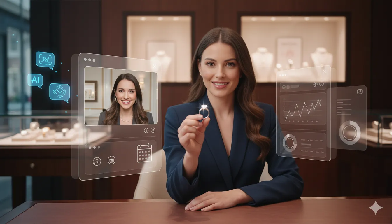 Jewelry consultant conducting video consultation with customer showing diamond ring, with AI chat interface and analytics dashboard visible, representing hybrid AI and human expertise platform