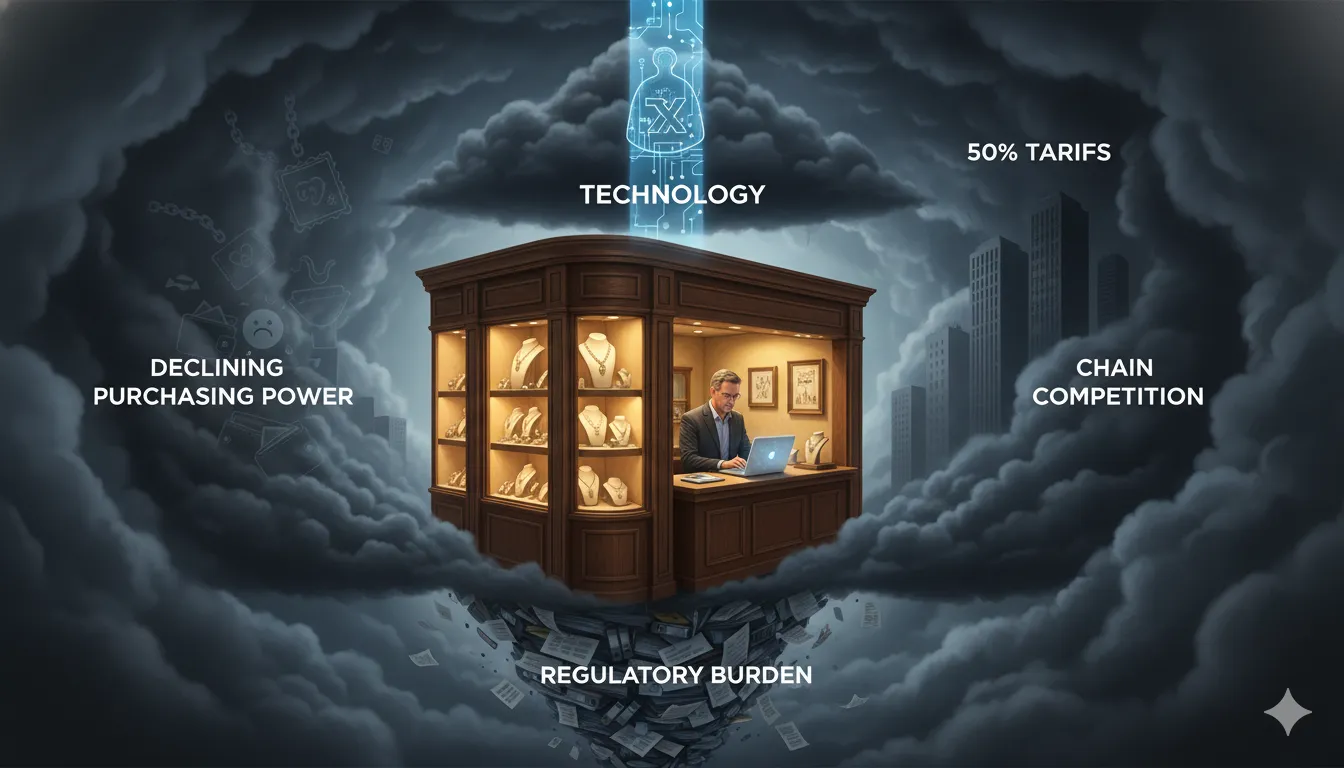 Independent jewelry retailer using live video shopping to connect with customers globally - small business owner conducting virtual consultation on laptop with global connections, contrasted with corporate chain store building representing the retail crisis