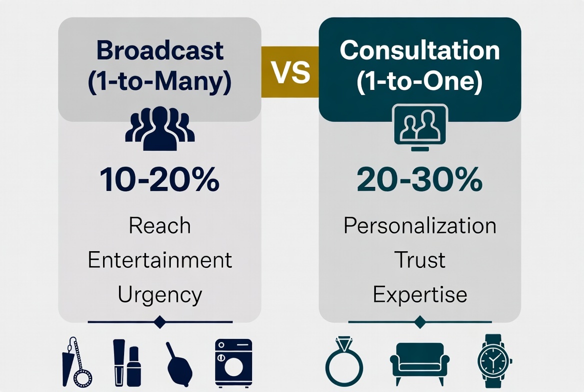 Live commerce conversion optimization framework showing 10-30% conversion rates through host connection, urgency mechanics, and interactive engagement
