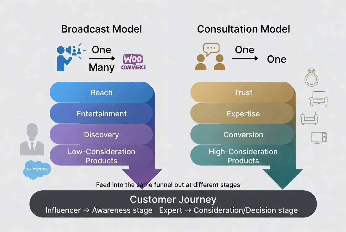 Strategic framework comparing influencer-led broadcast commerce vs expert-led consultative commerce for live shopping