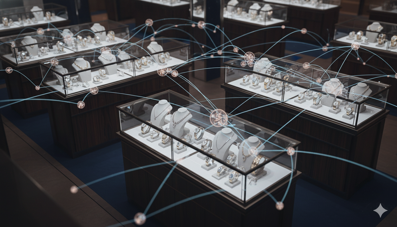 Luxury jewelry showroom displays connected by digital network lines representing B2B livestream shopping and global virtual wholesale presentations