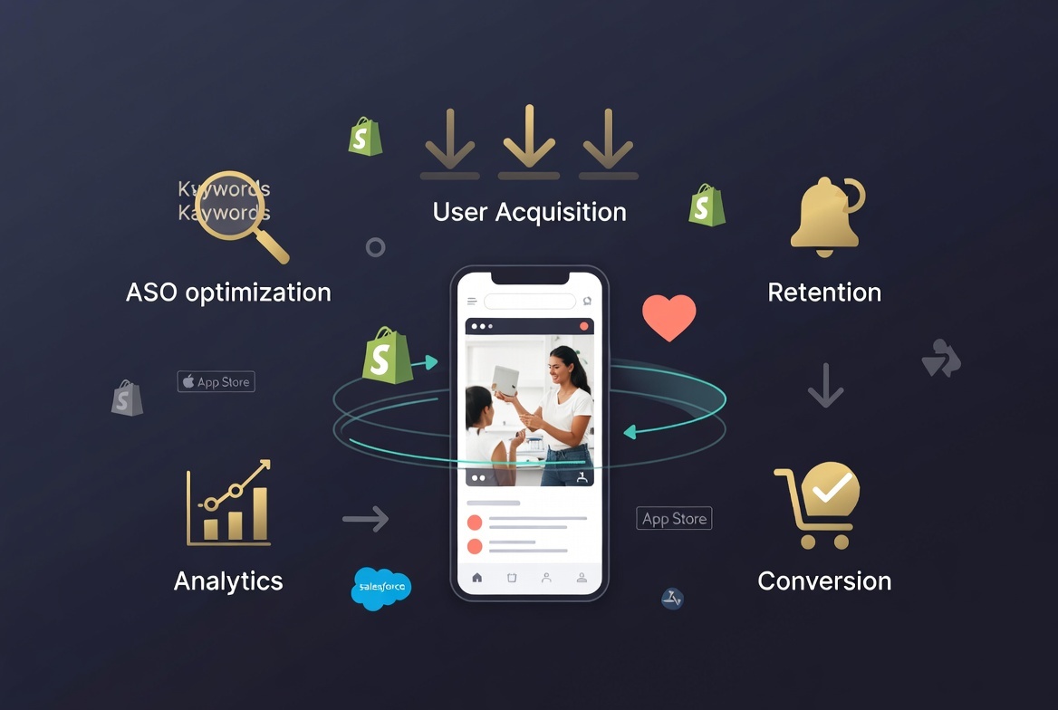 Mobile app marketing framework for e-commerce showing acquisition, engagement, and retention strategies