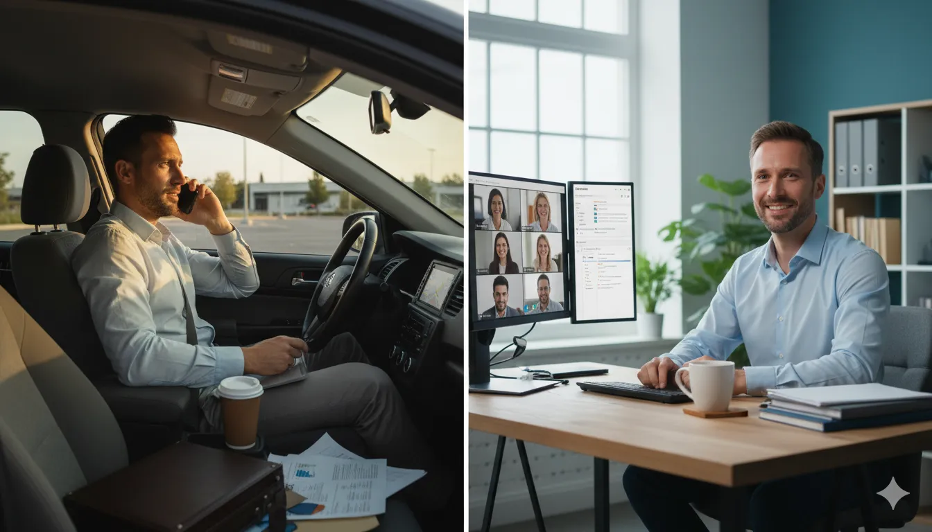 Split screen comparison showing exhausted outside sales rep in car at sunset versus energized inside sales professional in modern home office with multiple screens