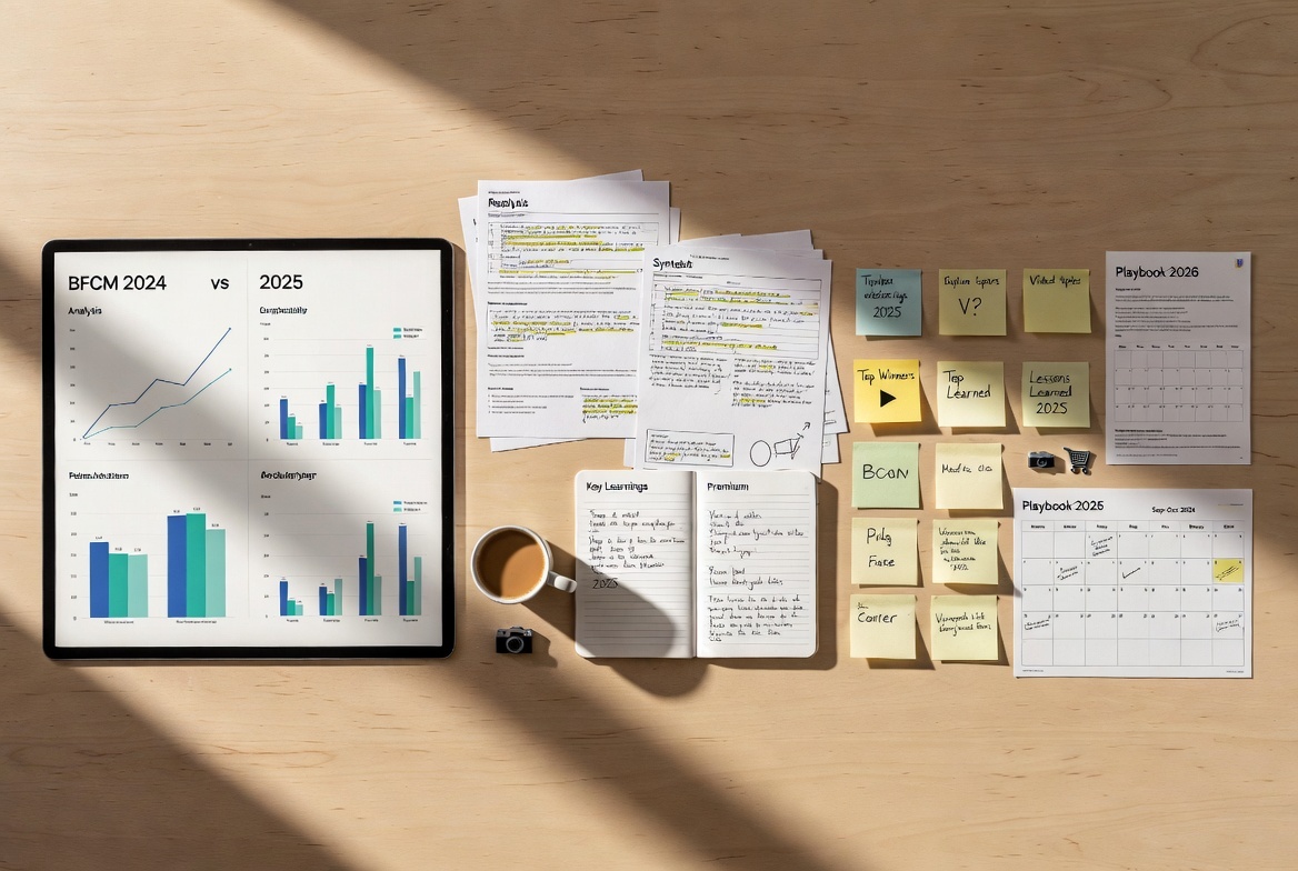 Post-BFCM video analysis framework showing 7 phases from data collection to actionable insights