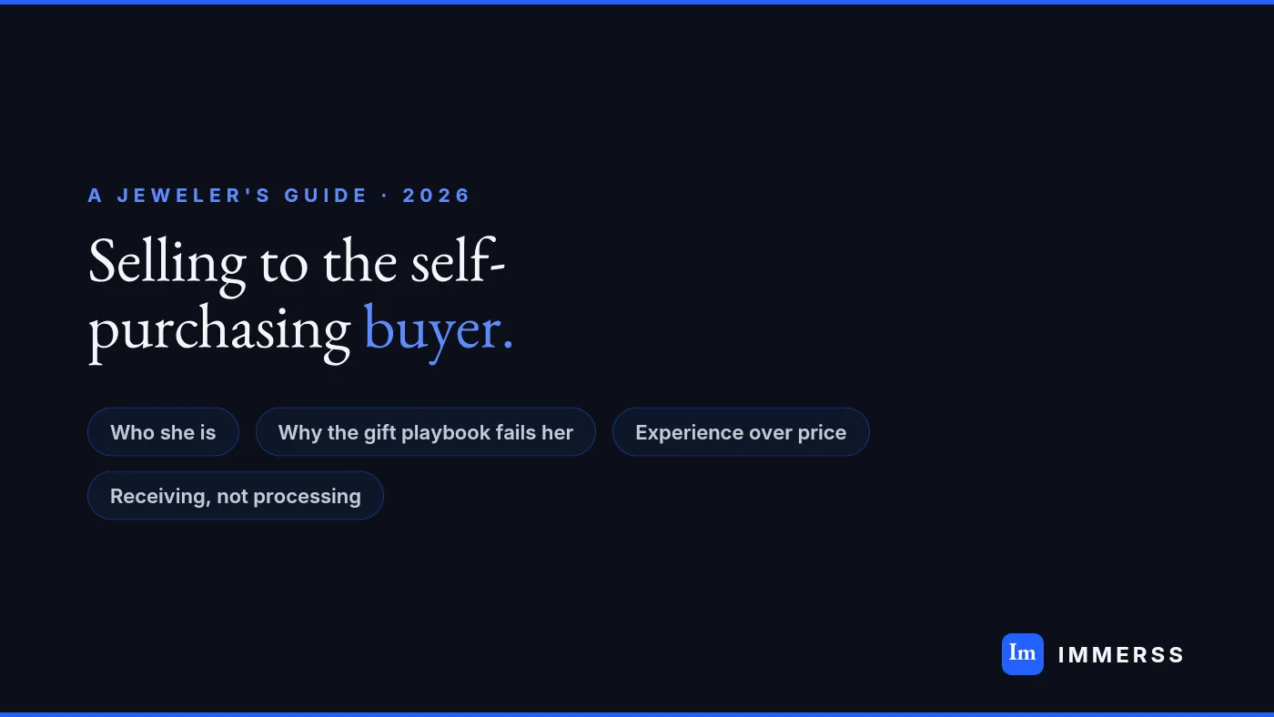 How to sell to the self-purchasing jewelry buyer in 2026 — a woman buying fine jewelry for herself being received by a personal advisor on a one-to-one live video consultation