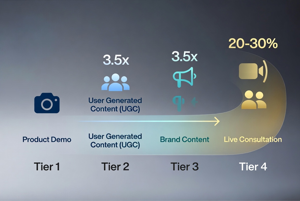 Video commerce strategy framework showing progression from product videos through UGC to live consultations